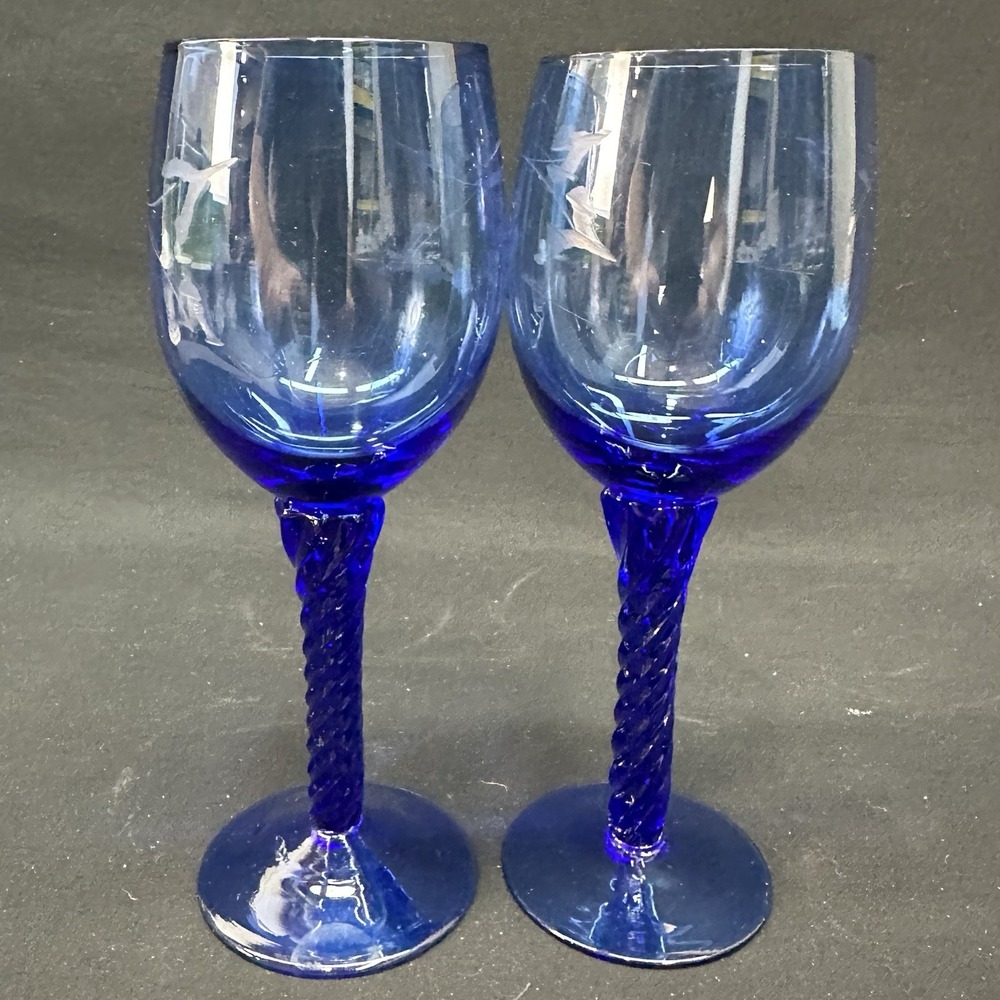 Vintage Cobalt Blue Wine Glass, Twisted stem, Etched Grape And Vine, Set of 2